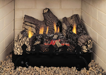 Vanguard's Real Burn Vent-Free Gas Log does just that!  Allows a 75% reduction in heat output while maintaining the beauty of an unbelievably realistic glowing ember log.